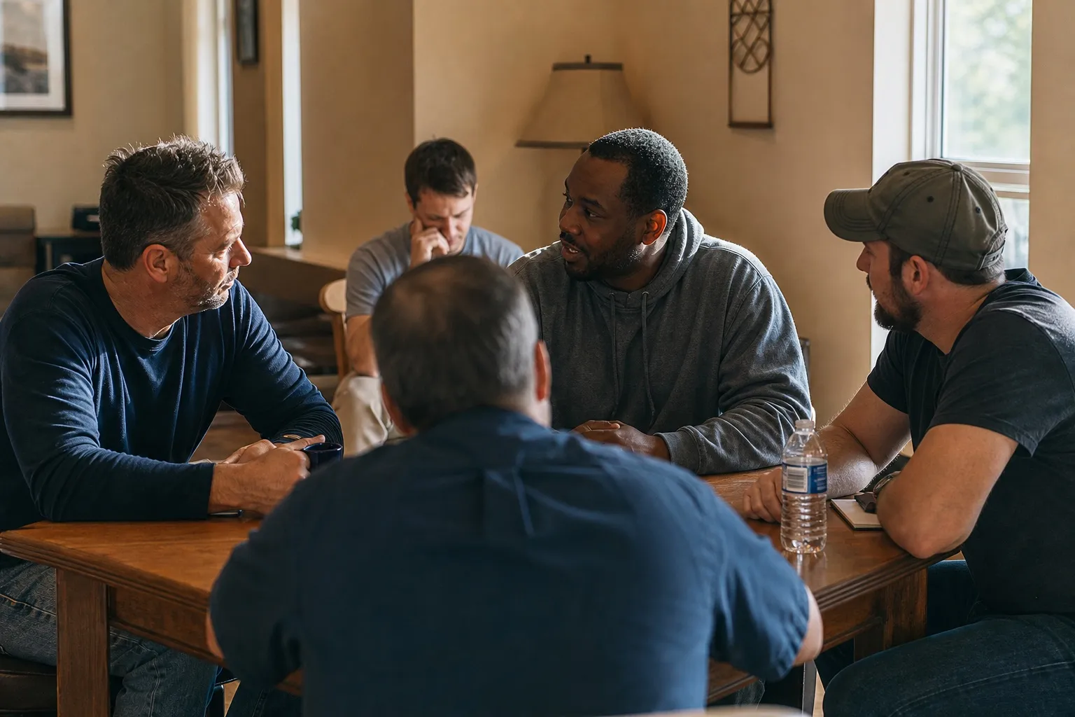 Men in peer support at Living Free, a recovery program in Falkville, Alabama